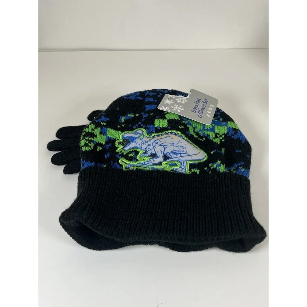 Boys Dinosaur Hat & Gloves Set Green Blue Black‎ Beanie Winter NEW